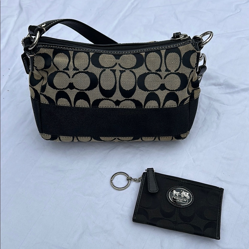 Coach Black and Tan Mini Bag with Signature Monogram and Coach Wallet